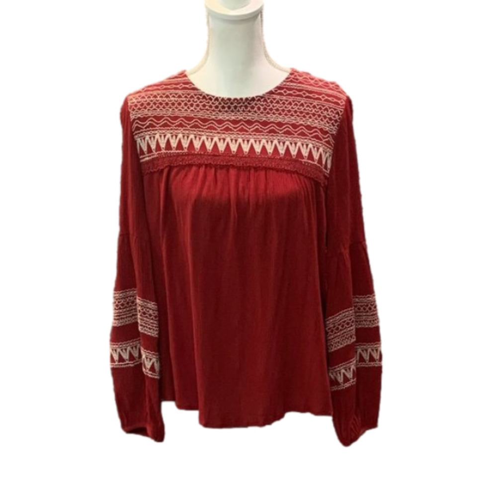 BLUE RAIN Burgundy Top with Embroidery Detail